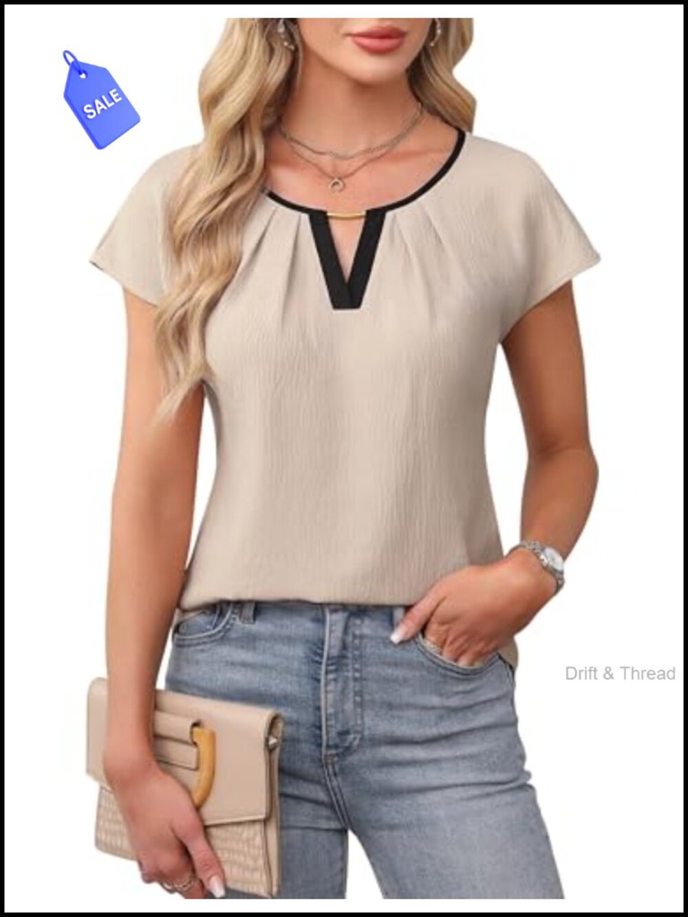 Women's Business Casual Cap Sleeve Pleated Blouse Loose Fit